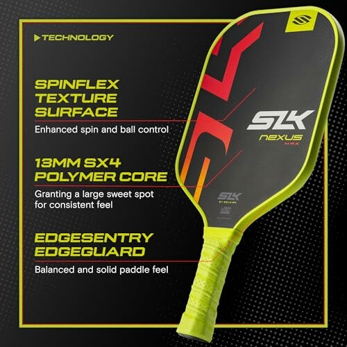 SLK Nexus pickleball paddle with Spinflex texture, 13mm SX4 polymer core, and Edgesentry edgeguard