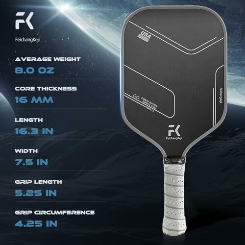 Pickleball paddle with specifications on weight, thickness, and dimensions.