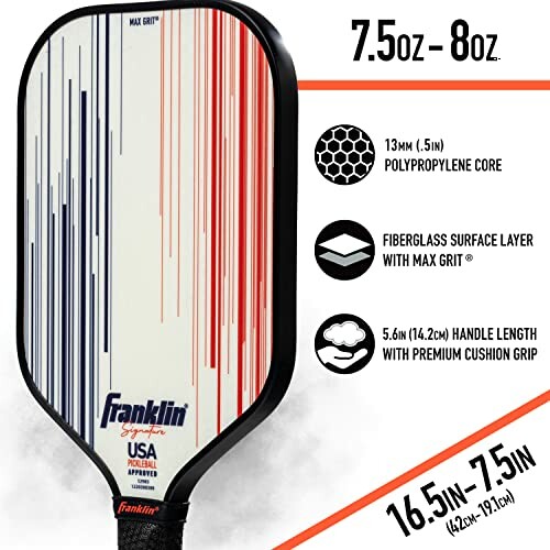 Pickleball paddle with specifications and features listed.