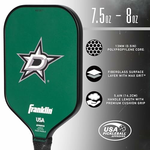 Green pickleball paddle with specifications and USA Pickleball approval.