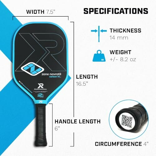 Pickleball paddle with specifications for width, length, thickness, weight, handle, and circumference.