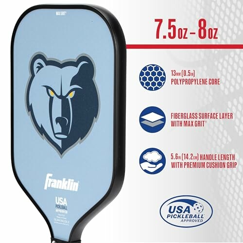 Pickleball paddle with bear logo and specifications.