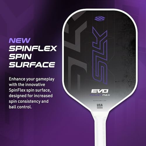 Pickleball paddle with SpinFlex spin surface for enhanced gameplay.