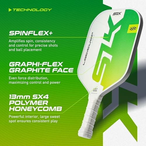 Pickleball paddle featuring SpinFlex+, Griphi-Flex graphite face, and 13mm SX4 polymer honeycomb.