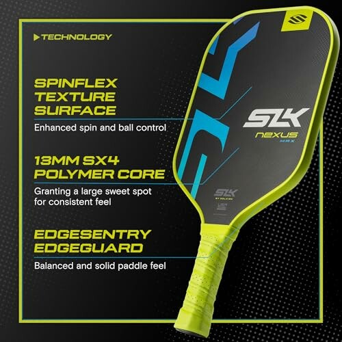 Pickleball paddle with highlighted technology features.