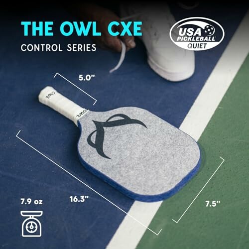 The Owl CXE pickleball paddle on court with dimensions and USA Pickleball Quiet logo