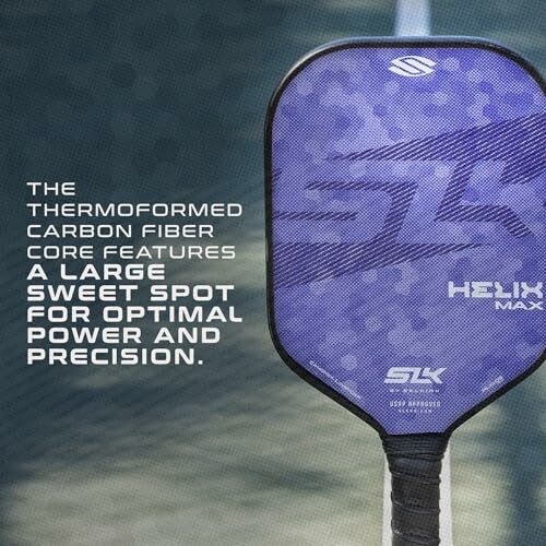 Purple pickleball paddle with text about carbon fiber core and large sweet spot.