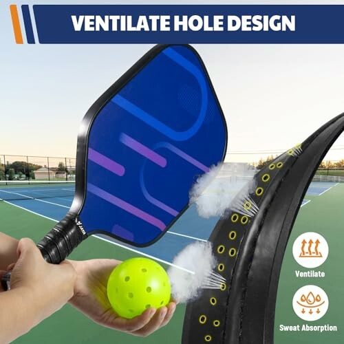 Pickleball paddle with ventilate hole design and sweat absorption feature.