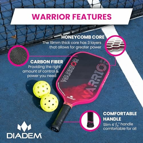 Pickleball paddle with honeycomb core, carbon fiber, and comfortable handle features highlighted.