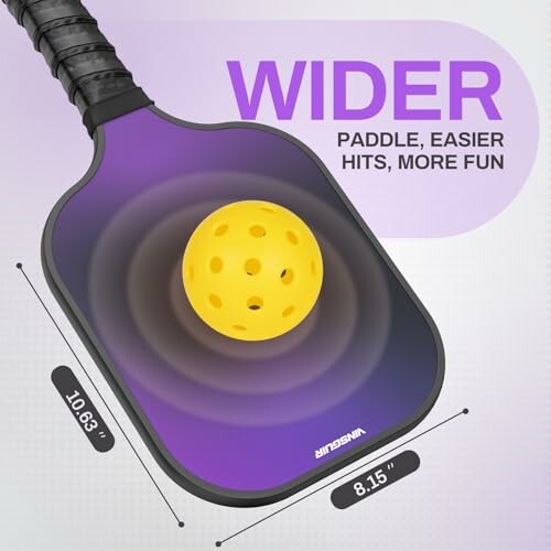 Purple pickleball paddle with yellow ball, text 'Wider Paddle, Easier Hits, More Fun'.