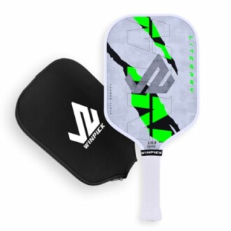 Pickleball paddle with black case featuring green and gray design.