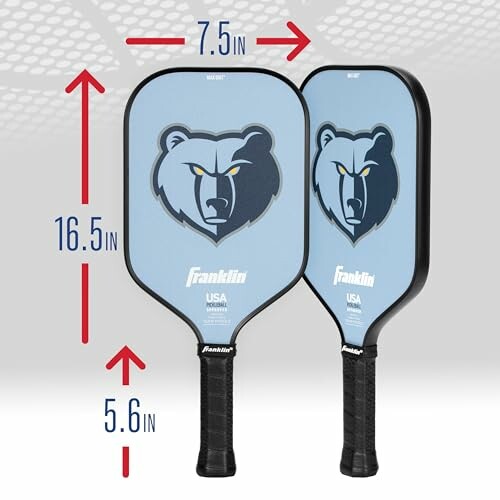 Two pickleball paddles with Memphis Grizzlies logo and size dimensions.