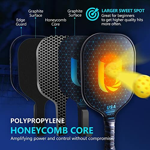 Four pickleball paddles with polypropylene honeycomb core and graphite surface, showcasing larger sweet spot feature.