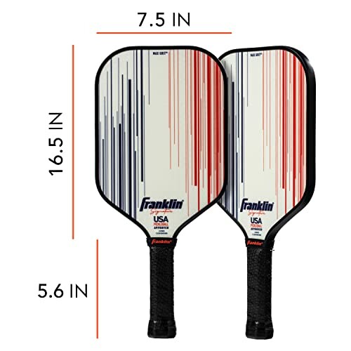 Two Franklin pickleball paddles with red and blue stripes and measurements.