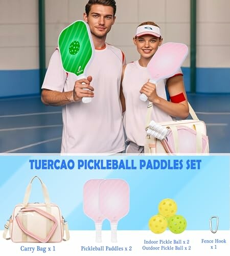 Pickleball paddles set with two people holding paddles, includes carry bag, indoor and outdoor balls, and fence hook.