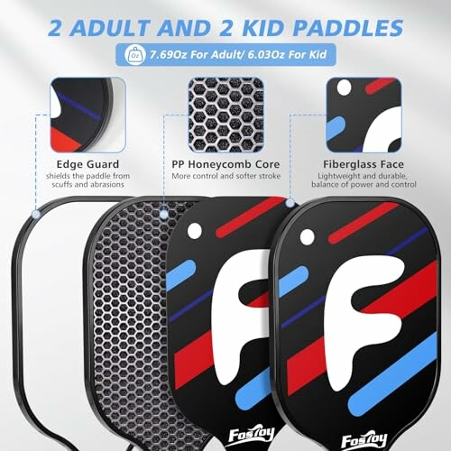 Set of 2 adult and 2 kid pickleball paddles with features highlighted.