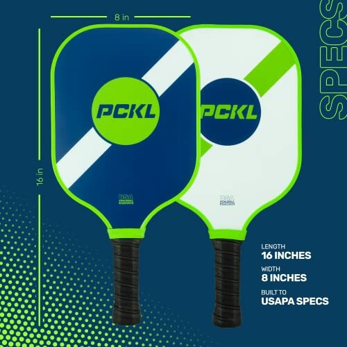 Two pickleball paddles with specifications displayed.