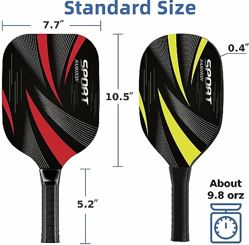 Two standard size pickleball paddles with dimensions and weight.