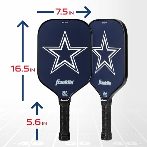 Two blue pickleball paddles with star design and dimensions labeled.