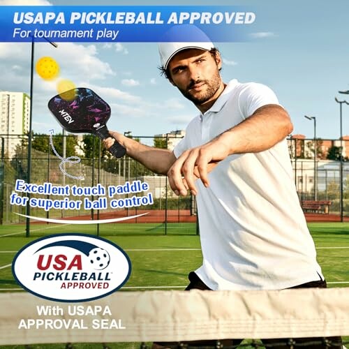 Man playing pickleball with USAPA approved paddle on court.