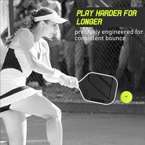 Woman playing pickleball with text 'Play harder for longer, precisely engineered for consistent bounce'.