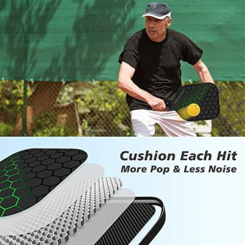 Man playing pickleball with paddle, overlay of paddle layers for noise reduction.