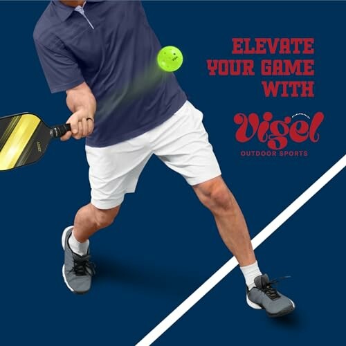 Person playing pickleball with a paddle and ball, text 'Elevate Your Game with Wigel Outdoor Sports'.