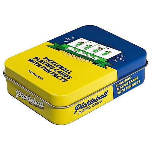 Tin box of pickleball playing cards with fun facts