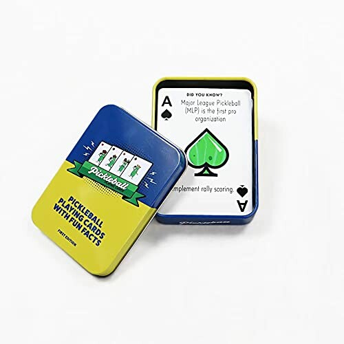 Pickleball-themed playing cards with fun facts.