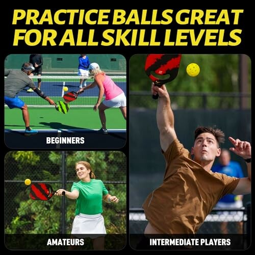 Pickleball players of various skill levels using practice balls.