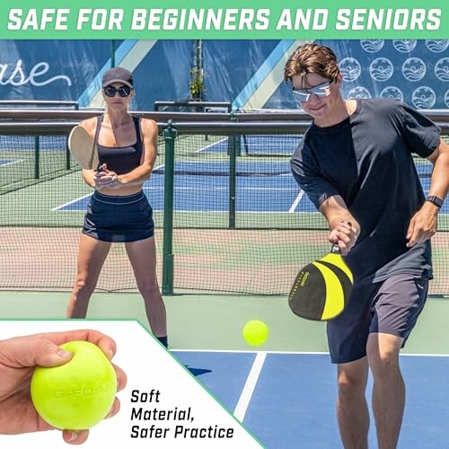 Two people playing pickleball on a court, highlighting safety for beginners and seniors.