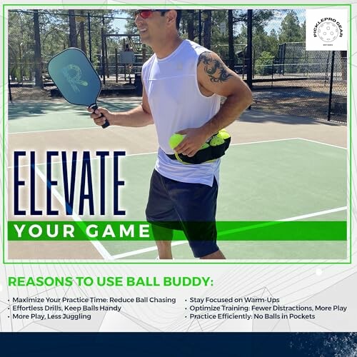 Man holding pickleball paddle and balls on court with benefits of using ball buddy.