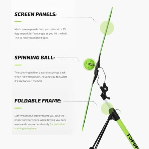 Pickleball practice equipment with screen panels, spinning ball, and foldable frame.