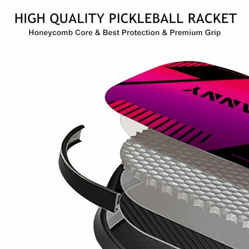 Diagram showing layers of a high-quality pickleball racket with honeycomb core and premium grip.