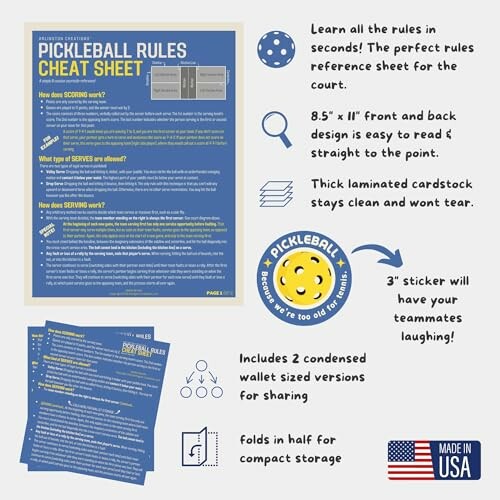 Pickleball rules cheat sheet with scoring guide, serving tips, and compact design.