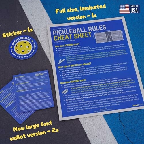 Pickleball rules cheat sheet with sticker and wallet-sized versions.