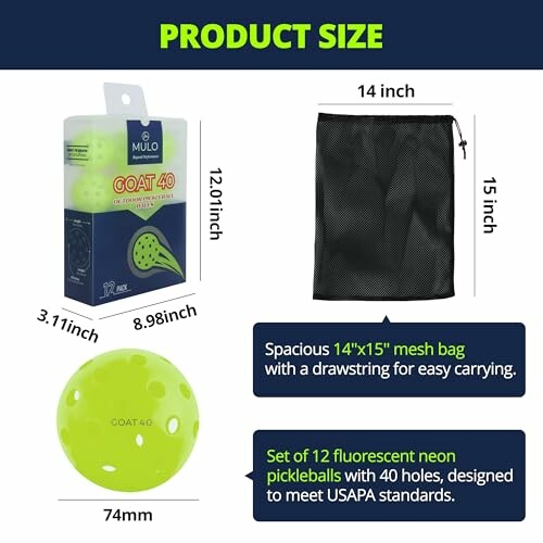 Product size details of a pickleball set with neon pickleballs and a mesh bag.