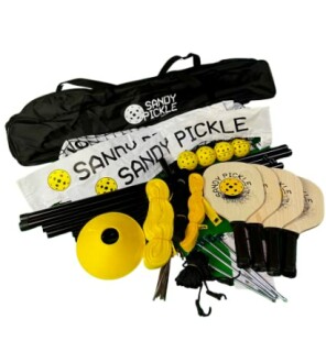 Complete pickleball set with paddles, balls, net, and carrying case.