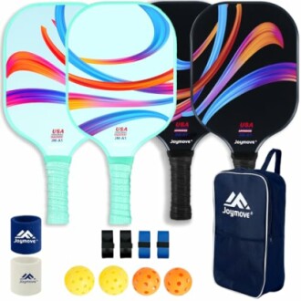 Pickleball set with colorful paddles, balls, and accessories.