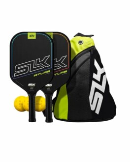 Pickleball set with two paddles, two balls, and a bag.