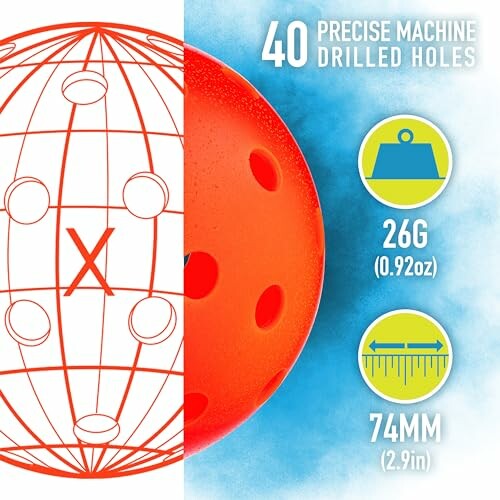 Diagram showing pickleball with drilled holes and specifications.