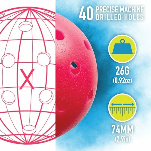 Pickleball with 40 holes, weight 26g, diameter 74mm.