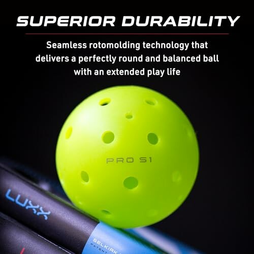 Bright green pickleball highlighting superior durability and seamless rotomolding technology.