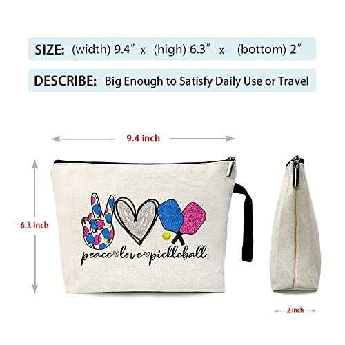 Canvas bag with peace, love, and pickleball design, dimensions 9.4 x 6.3 x 2 inches.