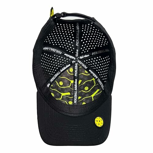 Inside view of a black and yellow pickleball-themed cap