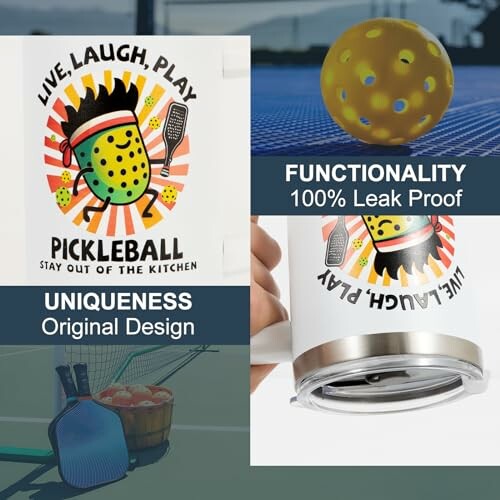 Pickleball themed mug with unique design and leak-proof functionality.