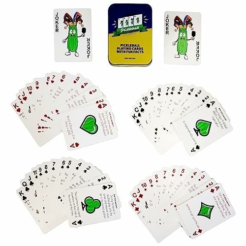 Pickleball-themed playing cards with illustrations and a tin box.