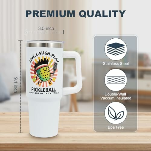 Pickleball-themed tumbler with premium features highlighted.