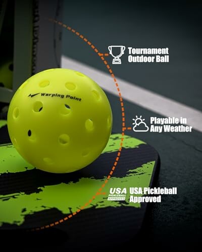 Yellow pickleball with tournament and weather icons, USA Pickleball approved.