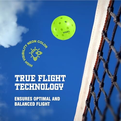 High visibility neon pickleball with true flight technology against blue sky.